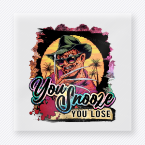 You Snooze You Lose Halloween DTF transfer with horror portrait and sunset background