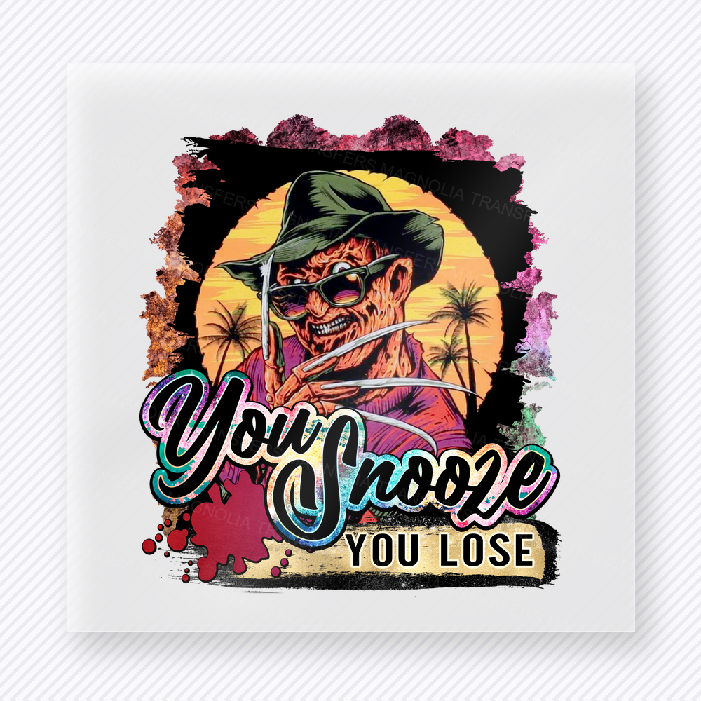 You Snooze You Lose Halloween DTF transfer with horror portrait and sunset background