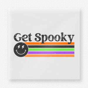 Get Spooky Halloween DTF transfer with smiley face and retro black orange purple green stripes
