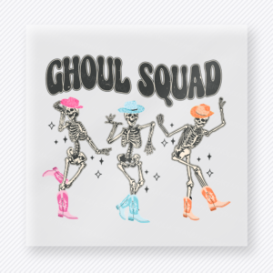 Ghoul Squad Halloween DTF transfer with three dancing skeletons in colorful hats and boots