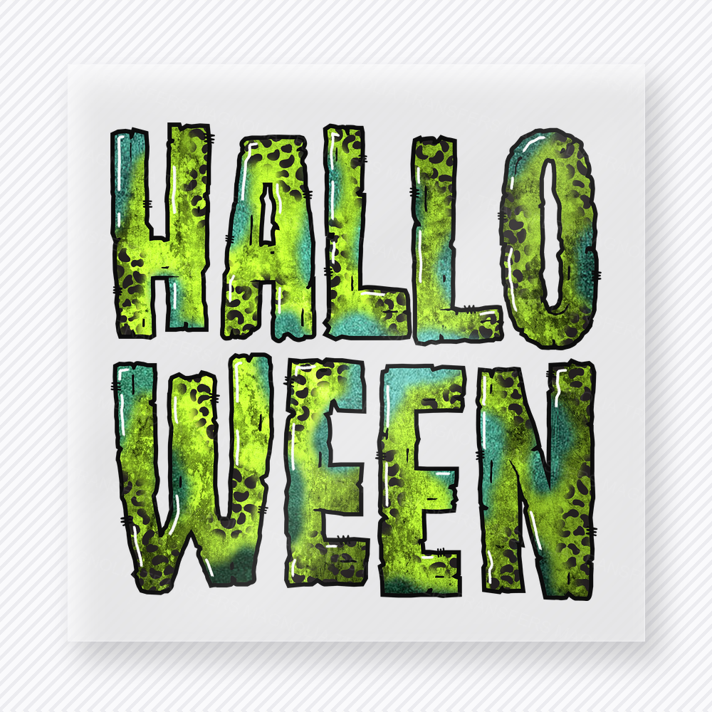 Halloween DTF transfer with large green and blue dripping textured letters