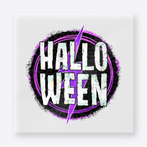 Halloween DTF transfer with distressed white lettering inside purple lightning circle