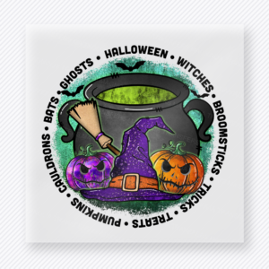 Halloween DTF transfer with bubbling cauldron, witch hat, pumpkins, broom, and spooky circle text