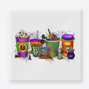 Halloween DTF transfer with a collection of spooky drink cups, webs, pumpkins, and potion details