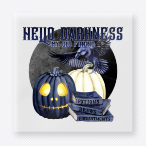 Hello Darkness My Old Friend Halloween DTF transfer with blue pumpkins, ravens, moon, and potion sign