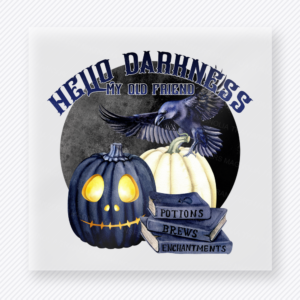 Hello Darkness My Old Friend Halloween DTF transfer with blue pumpkins, ravens, moon, and alternate layout