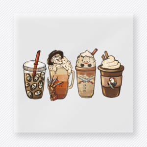 Halloween DTF transfer with four neutral spooky coffee drinks alternate version