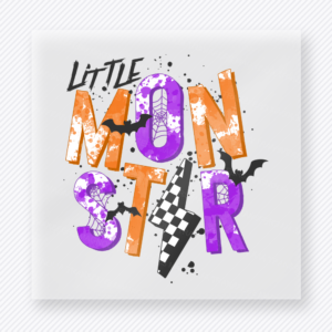 Little Monster Halloween DTF transfer with orange and purple retro letters, bats, and checkered detail