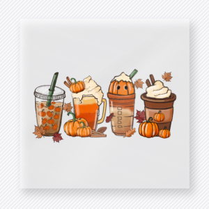 Halloween DTF transfer with a row of fall coffee drinks, pumpkins, and autumn details