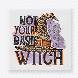 Not Your Basic Witch Halloween DTF transfer with leopard print witch hat and web detail
