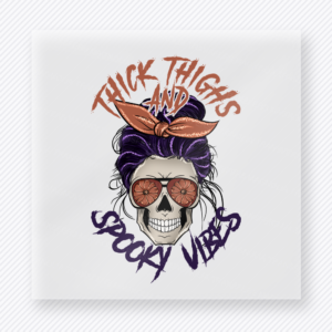Thick Thighs and Spooky Vibes Halloween DTF transfer with skull, sunglasses, and bow