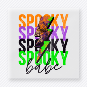 Spooky Babe Halloween DTF transfer with stacked colorful spooky text and leopard lightning bolt
