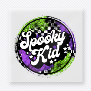 Spooky Kid Halloween DTF transfer with white script inside purple green checkered circle