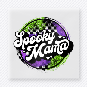 Spooky Mama Halloween DTF transfer with white script inside purple green checkered circle