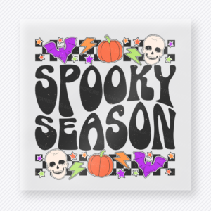 Spooky Season Halloween DTF transfer with pumpkins, skulls, bats, stars, and lightning accents