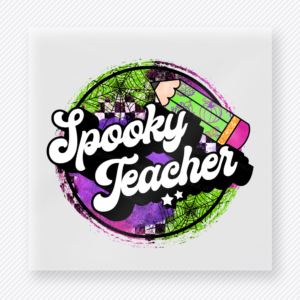 Spooky Teacher Halloween DTF transfer with white script inside purple green checkered circle and pencil accent