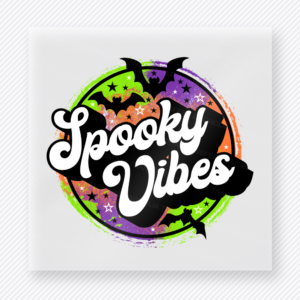 Spooky Vibes Halloween DTF transfer with white script inside distressed purple green circle and bats