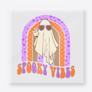 Spooky Vibes Halloween DTF transfer with peace sign ghost in sunglasses under retro rainbow