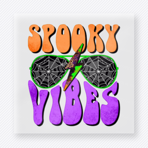 Spooky Vibes Halloween DTF transfer with web sunglasses and leopard lightning bolt