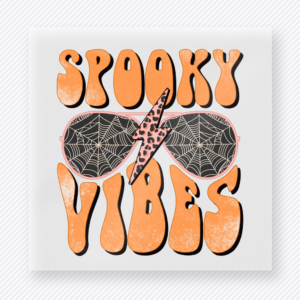 Spooky Vibes Halloween DTF transfer with peach lettering, web sunglasses, and leopard lightning bolt