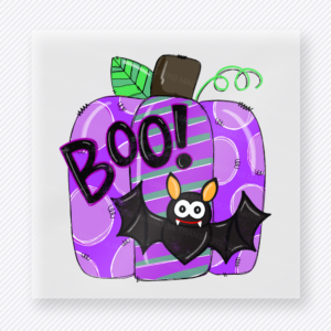 Boo Halloween DTF transfer with purple patchwork pumpkin and bat accent