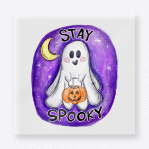 Stay Spooky Halloween DTF transfer with cute ghost holding pumpkin bucket under moon
