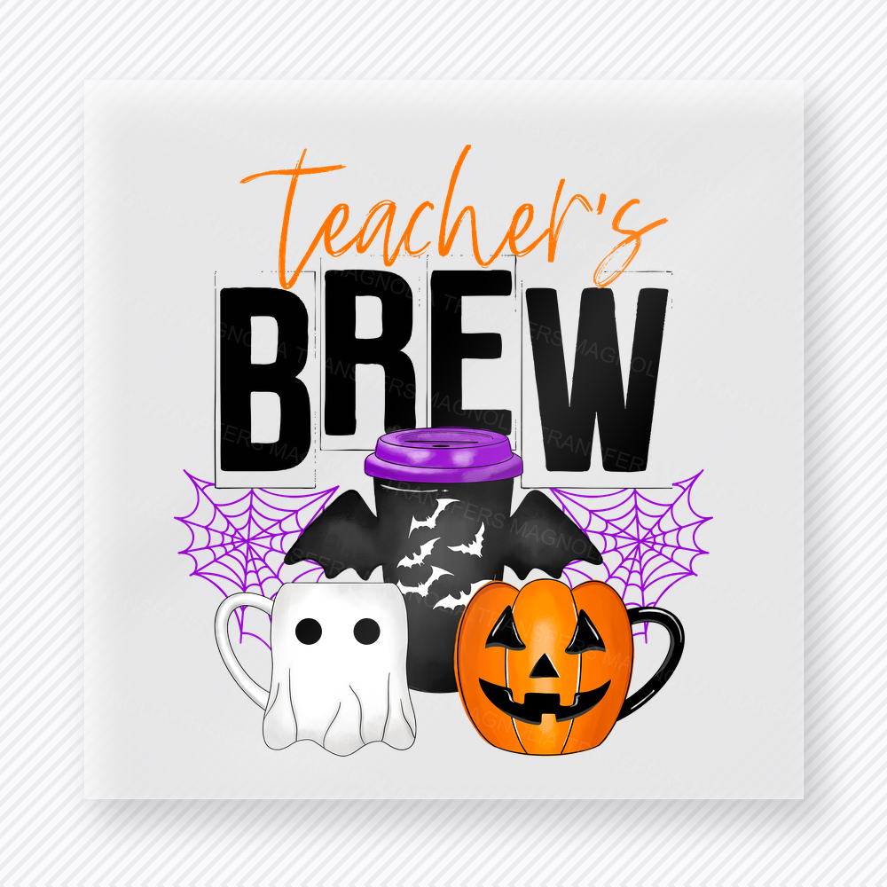 Teacher's Brew Halloween DTF transfer with ghost mug, pumpkin mug, bats, and webs