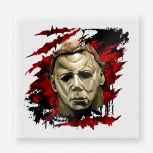 Halloween DTF transfer with masked slasher portrait and red claw slash background