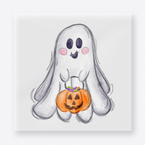 Halloween DTF transfer with cute smiling ghost holding pumpkin bucket