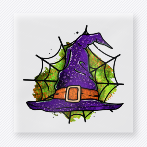 Halloween DTF transfer with purple witch hat over spiderweb background