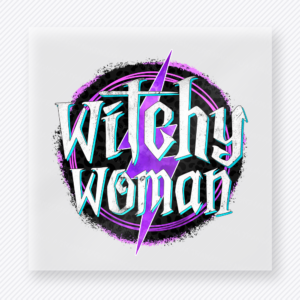 Witchy Woman Halloween DTF transfer with neon gothic lettering and lightning bolt accent