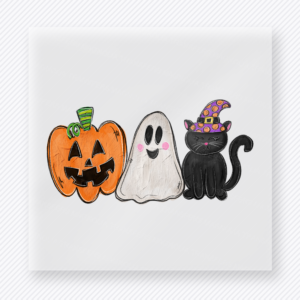 Halloween DTF transfer with jack o lantern, smiling ghost, and black cat in purple polka dot witch hat