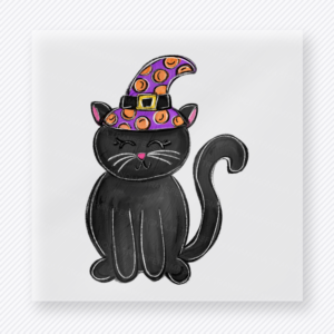 Black cat Halloween DTF transfer wearing a purple polka dot witch hat