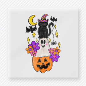 Halloween DTF transfer with black cat in witch hat, smiling ghost, jack o lantern, flowers, moon, and bats