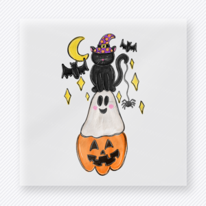 Halloween DTF transfer with black cat in witch hat above smiling ghost and jack o lantern with moon and bats