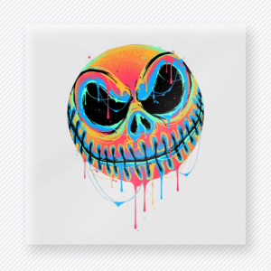 Halloween DTF transfer with neon dripping skull face in pink blue orange and yellow