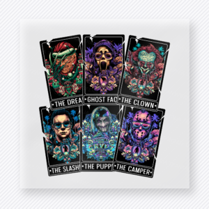 Halloween DTF transfer with horror style character card collage and Welcome to the Crypt centerpiece