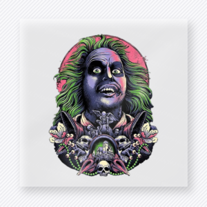 Neon haunted portrait Halloween DTF transfer with green hair and skull accents