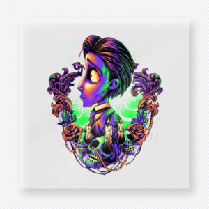 Neon haunted boy portrait Halloween DTF transfer with skulls, candles, and roses