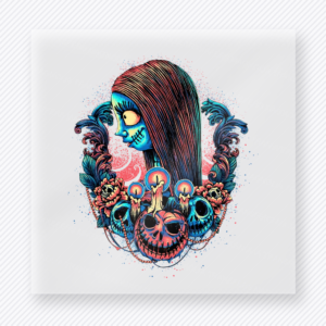 Stitched moon girl portrait Halloween DTF transfer with candles and skull accents