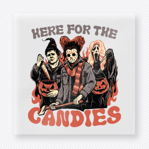 Here for the Candies Halloween DTF transfer featuring a spooky trio with carved pumpkin buckets