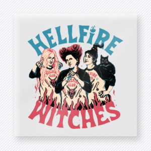 Hellfire Witches Halloween DTF transfer featuring three witches, flames, and a black cat