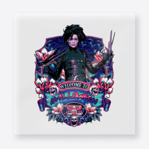 Welcome to Halloween scissor artist Halloween DTF transfer with gothic portrait and scissor hands