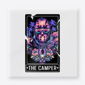 The Camper Halloween DTF transfer with masked poster design and neon tropical accents