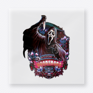 Welcome to Horror Town masked poster Halloween DTF transfer with screaming mask figure