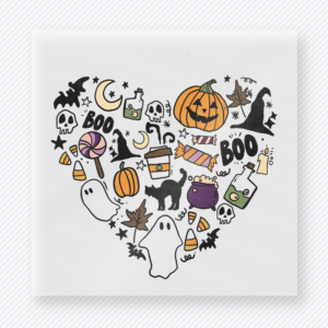 Ghostly Halloween Heart Collage Halloween DTF transfer featuring a ghost-shaped heart collage filled with candy, pumpkins, bows, stars, potion bottles, and spooky doodles