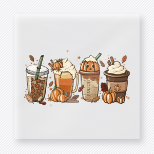 Fall Drink Trio Halloween DTF transfer featuring three fall coffee shop drinks with whipped toppings, pumpkins, and cozy autumn details