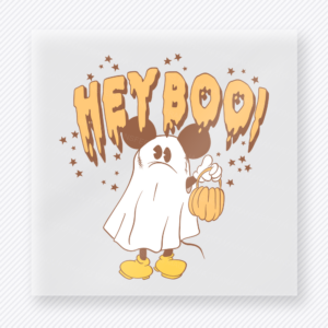 Hey Boo Halloween DTF transfer featuring the phrase Hey Boo with a cute ghost carrying a pumpkin pail
