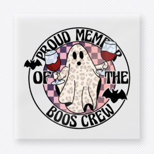 Proud Member of the Boos Crew Halloween DTF transfer featuring a ghost holding drinks in front of plaid and bat details with the phrase Proud Member of the Boos Crew