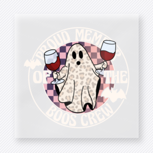 Proud Member of the Boos Crew Halloween DTF transfer featuring a ghost holding drinks in front of plaid and bat details with the phrase Proud Member of the Boos Crew